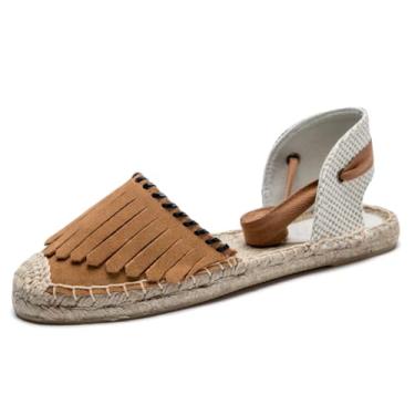 Imagem de U-lite Sandália feminina espadrille rasteira fechada no tornozelo, cadarço clássico verão elegante sapatos rasos, Camurça marrom, 37