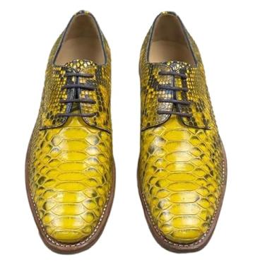 Imagem de Sapato social masculino autêntico couro verdadeiro verdadeiro costura à mão couro exótico com cadarço masculino colorido dourado Oxfords Bespoke sapatos, Dourado, 41