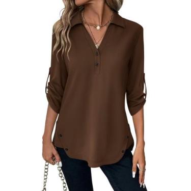 Imagem de Túnica feminina TICTICMISS, manga 3/4, decote em V, café