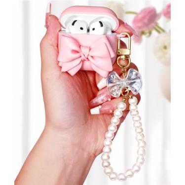 Imagem de Boaretiu Capa para Airpods 4 2024 - Cute Kawaii para mulheres meninas com chaveiro para AirPods 4ª geração, capa com design de laço rosa grande, feminino, elegante, estética bonita para Airpods 4 capa