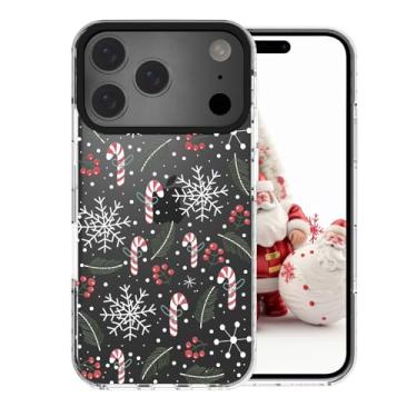 Imagem de FOQENCCI Capa de telefone de Natal para iPhone 17 Pro TPU transparente + proteção da moldura da câmera preta antideslizante à prova de choque com design de estampa de guirlanda de bengala doce de
