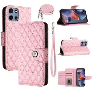Imagem de Dswteny Capa carteira para Motorola Moto G 5G 2025 com alça de ombro, padrão Argyle PU couro flip porta-cartão capa para celular para G5G 5 G G5 meninas mulheres rosa