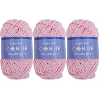 Imagem de ThreadArt Pacote com 3 fios de chenille super macios para crochê, tricô, amigurumi, 50 gramas 60 metros #5 novelos de fio fofo - rosa claro