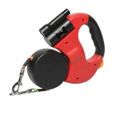 Imagem de Guia duplo super resistente para cães com coleira retrátil para animais de estimação, para passear, extensível, flexível, corda de tração de duas cabeças, com luz LED (Vermelho)