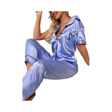 Imagem de Conjunto De Pijama De Seda Para Mulheres Com Camisa De Manga Longa E B