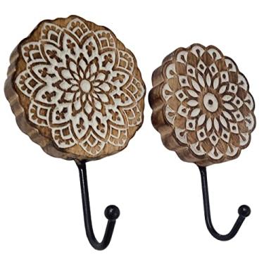 Imagem de Ganchos de ferro de designer roxo com painel de madeira floral para pendurar roupas conjunto de 2 (10939)