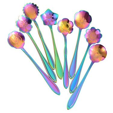Imagem de AnSaw Conjunto de 8 colheres de flor de ao inoxidvel, personalizadas, reutilizveis, com 4.9 polegadas de comprimento, Rainbow, seguro para lava-louas