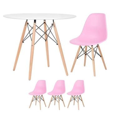 Imagem de Mesa Redonda Eames 90 Cm Branco + 3 Cadeiras Eiffel Dsw Rosa Claro