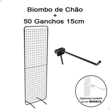Imagem de Biombo Expositor De Chão Aramado + 50 Gancho 15cm Para Loja Preto - Ág