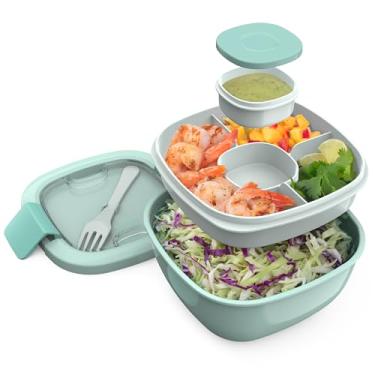 Imagem de Bentgo® Salada - Recipiente de almoço empilhável com tigela de salada grande de 1,5 ml, bandeja de 4 compartimentos estilo bento para coberturas, recipiente de molho de 85 g para curativos, garfo reutilizável embutido e sem BPA (água litorânea)