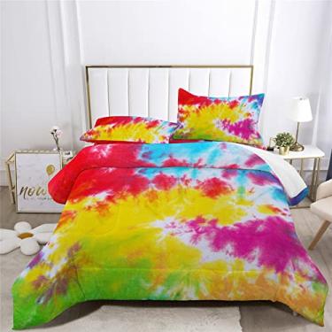 Imagem de Jogo de cama com estampa tie-dye Boho Tie-Dye para cama em um saco, 7 peças, padrão de redemoinho colorido, incluindo 1 lençol com elástico + 1 edredom + 4 fronhas + 1 lençol de cima (C, cama de