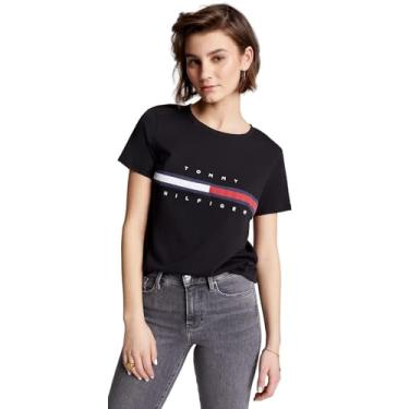 Imagem de Tommy Hilfiger Camiseta feminina de algodão de desempenho – Camisetas estampadas leves, Bandeira bordada preta de zibelina escura., M