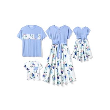 Imagem de PATPAT Conjuntos de vestidos e camisetas casuais combinando para a família, manga curta, com cinto, estampados, estampados, vestidos e camisetas casuais, Sino azul, X-Large