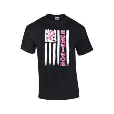 Imagem de Camiseta unissex estampada de manga curta com bandeira americana esfarrapada inspiradora de sobrevivente do câncer de mama com fita rosa, Preto, P