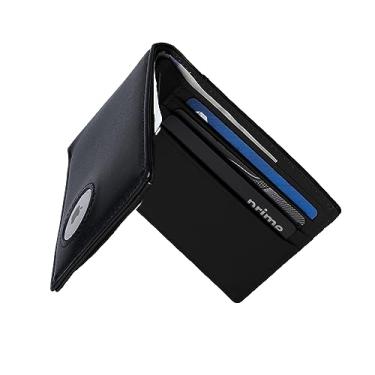 Imagem de Carteira masculina com suporte AirTag, carteira AirTag fina de couro genuíno com bolso para dinheiro, bloqueio RFID, 9 compartimentos para cartão, divisória de notas, janela para identidade, Preto