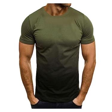 Imagem de Camiseta masculina atlética manga curta gola redonda costura colorida camiseta de treino fina de secagem rápida, Verde militar, P