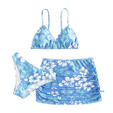 Imagem de Biquíni de 3 peças para meninas, conjunto de biquíni floral, roupa de banho com saída de praia 6 a 15 anos, Azul, 12-15 Years