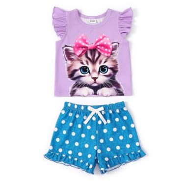 Imagem de PATPAT Conjunto de shorts de verão para bebês meninas, camiseta com estampa de animais de 3 a 24 meses, gatinho roxo, 3-6 Meses