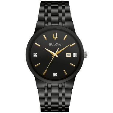Imagem de Bulova Relógio masculino moderno preto banhado a íon aço inoxidável com 3 ponteiros calendário data quartzo relógio, detalhes em tom dourado e estilo do mostrador diamante: 98D166,