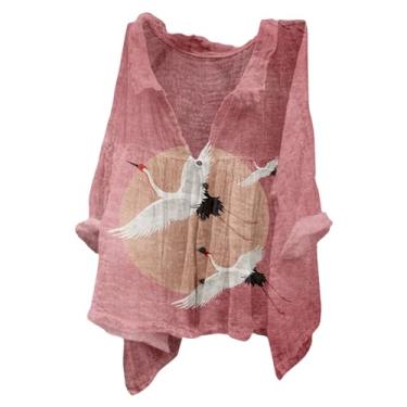 Imagem de Camisas de linho para mulheres, casuais, verão, floral, estampadas, camisetas grandes, com botões, gola V, blusa solta de manga comprida, Rosa choque, 3G