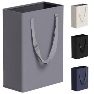 Imagem de Cesto de roupa suja fino com alças longas ajustáveis, cestas pequenas de 45 L com parte superior de malha, cesto de roupa sujo estreito para quarto, armário e banheiro - cinza
