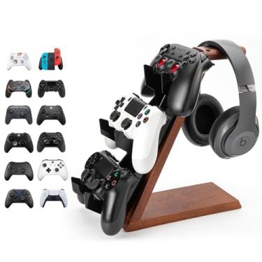 Imagem de HEWYIOS Suporte de controle de madeira de 3 níveis compatível com PS4 PS5 ONE Switch, suporte para controle ps5, fone de ouvido, acessórios de jogos, suporte de controle de videogame para mesa