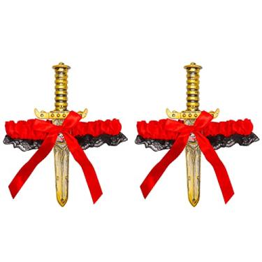 Imagem de 2 peças de liga de laço com laço de adaga pirata laço perna anel espada perna coldre para Halloween carnaval adereços de vestido feminino das meninas, vermelho