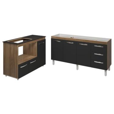 Imagem de Mobília Decor, Balcão Cozinha Gabinete de Pia 160 cm Estela e Balcão Para Fogão Cooktop 4 Bocas e Forno Elétrico Alana Savana Preto