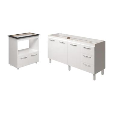 Imagem de Mobília Decor, Balcão Cozinha Armário Gabinete de Pia 160 cm Estela e Balcão para Fogão Cooktop 5 Bocas Evelyn Branco