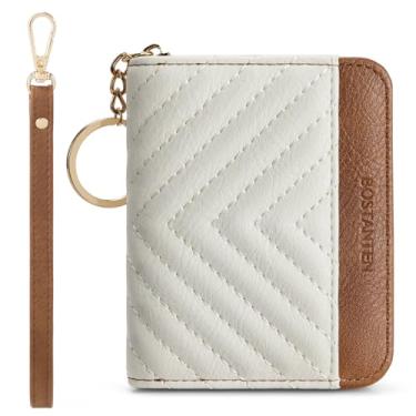 Imagem de BOSTANTEN Carteira pequena de couro com bloqueio de RFID, carteira feminina com zíper e alça de pulso, bege e marrom, small, Minimalista