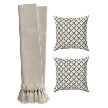 Imagem de Kit 2 Capas De Almofadas 45x45 Geométricas Bege Cru + Manta Para Sofá 