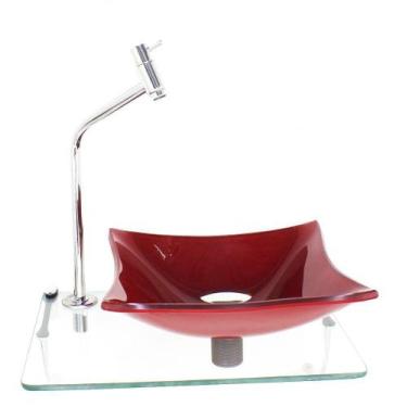 Imagem de Kit cuba de vidro 10mm vermelho ferrari tampo 40cm incolor com suporte