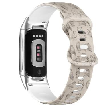Imagem de Pulseira esportiva macia compatível com Fitbit Charge 5/Fitbit Charge 6 (várias corujas retrô) para mulheres e homens
