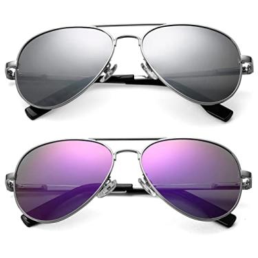 Imagem de NULOOQ Óculos de sol polarizados aviador pequeno para rosto pequeno, mulheres, homens, jovens e crianças, armação pequena de 52 mm, A8* (prata/prata espelhado + prata/roxo espelhado) - pacote com 2,