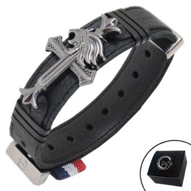 Imagem de Pulseira de Couro Preto LEÃO DE JUDÁ ONIX e Fecho Strap Plug Ajustável