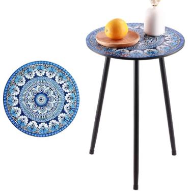 Imagem de 1 conjunto de mesa lateral redonda de mosaico de metal pequena de 34 cm para pátio, suporte de canto de jardim para pequenos espaços, resistente ao clima para varanda, suporte de plantas, ambientes