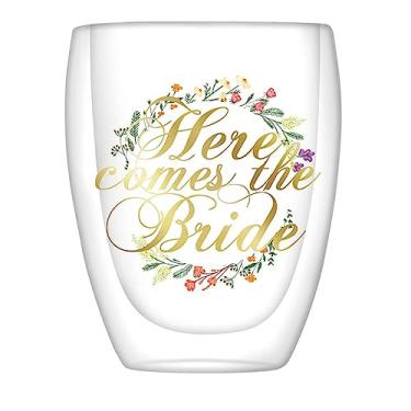 Imagem de Slant Collections Presentes de chá de noiva de casamento, taças de vinho, parede dupla, sem haste, 293 g, Here Comes The Bride