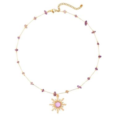 Imagem de Sacina Colar gargantilha de sol roxo delicado, colares de cristal natural para mulheres, colar boêmio, colares hippie, colar de praia de verão, presente de joias de Natal, Liga de zinco, cobre, aço