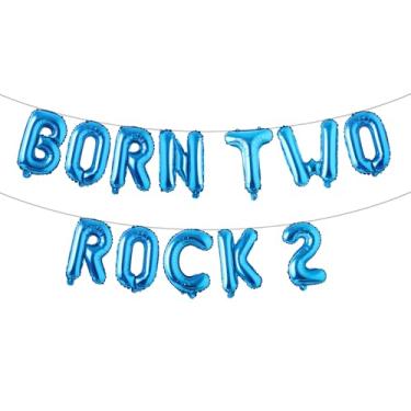 Imagem de Born Two Rock 2 Birthday Decorations Rock and Roll 2nd Birthday Party Supplies with Born Two Rock Balloon Banner Cake Topper Balloon for Rock Band Music Theme Party (BORN TWO ROCK 2 Blue)