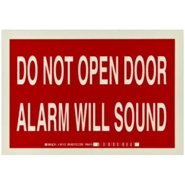 Imagem de Brady 90103 10" Width x 7" Height B-324 Glow-in-the-Dark Self-Stick Polyester, Green on Red Fire and Exit Sign, Legend "Do Not Open Door Alarm Will Sound"