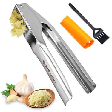 Imagem de Espremedor de alho de aço inoxidável – sem necessidade de descascar picador e triturador de alho – Inox 304, 208 g, calha grande – Alça ergonômica, fácil de limpar, lavável na lava-louças (laranja)