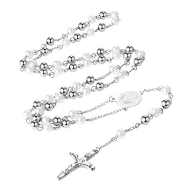 Imagem de Colar de cruz com contas de rosário religioso: colar em Y de pérola de aço inoxidável com contas cristãs e virgens maria joias presentes para mulheres e homens, Aço inoxidável, Sem Pedra Preciosa