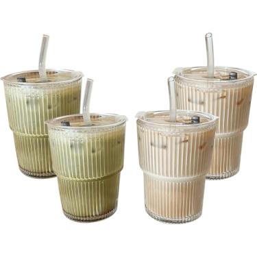 Imagem de TINMIX Copos pequenos de vidro de 382 g com tampas e canudos, jarra de pedreiro, copos baixos, copos ondulados, copo de café gelado, copo de smoothie para cerveja, coquetel (4)