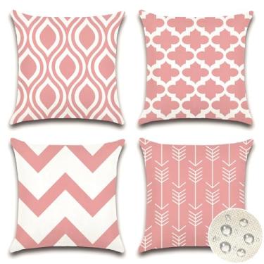 Imagem de OTOSTAR Pacote com 4 capas de almofada impermeáveis para ambientes externos 45,7 x 45,7 cm, capas de almofada decorativas para ambientes externos, moderno, rosa, geométrico, para pátio, móveis, sofá