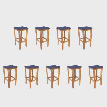 Imagem de Kit 09 Banqueta Alta Cally Gourmet Balcão Bistrô Cozinha Base Madeira Maciça Corino Azul Marinho - Ahz Móveis