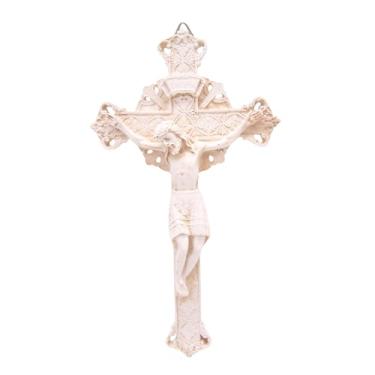Imagem de Wowser Crucifixo de parede decorativo caiado de branco, cruz de resina ornamentada, 23 cm