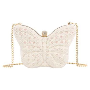 Imagem de Naimo Bolsa feminina borboleta clutch com glitter bolsa noturna mini bolsa de ombro brilhante com corrente, Strass branco