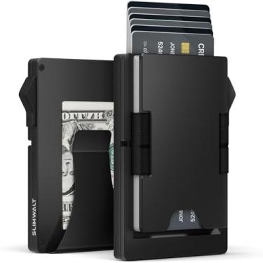 Imagem de Slimwalt Carteira masculina com compartimento para cartão inteligente – comporta de 10 a 20 cartões, porta-cartões com bloqueio de RFID com bolso elástico para dinheiro e moedas, carteira masculina