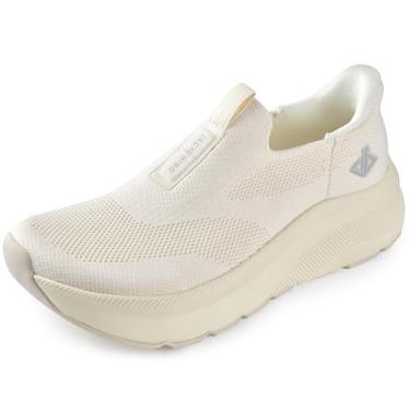 Imagem de JACKSHIBO Tênis feminino com bico largo, sem cadarço, suporte de arco, ortopédica, fascite plantar, sem cadarço, com almofada para metatarso, Bege, 6 Wide