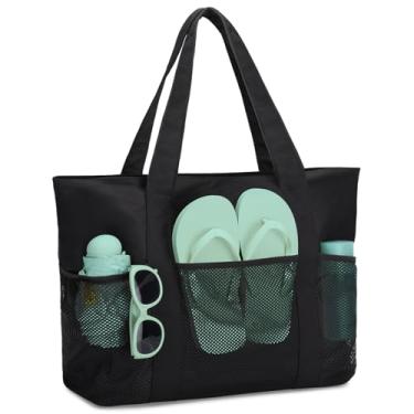 Imagem de VASCHY Bolsa de praia feminina, dobrável, impermeável, à prova de areia, bolsa de praia com zíper/bolsos de malha para férias, cruzeiro, academia, viagem, Preto, Large, Bolsa de praia feminina